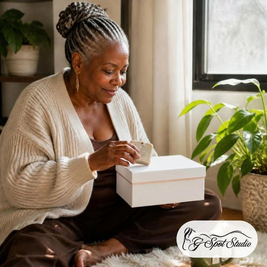 Hearth Nurturer Sanctuary Ritual Box: a woman with silver locs opening her white G Spot Studio ritual box at home