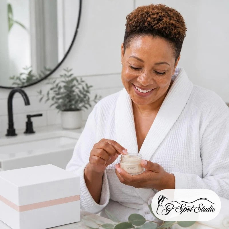 Luminary Glow-Getter Radiance Ritual Box: a smiling woman applying body butter beside her white ritual box