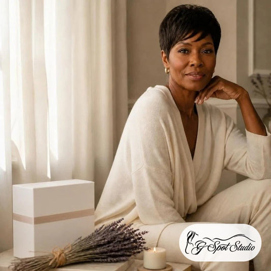 Siren Muse Embodied Ritual Box: an elegant woman beside her white ritual box with lavender and a candle