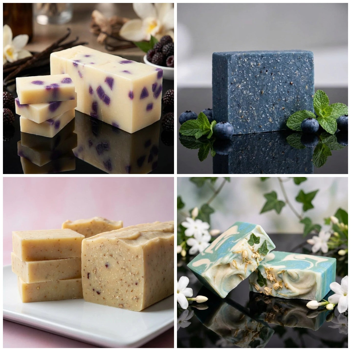 Four G Spot Studio artisan soaps: Black Raspberry Vanilla, Blueberry Scrub, Cherry Almond, and Coconut Milk Jasmine Ivy
