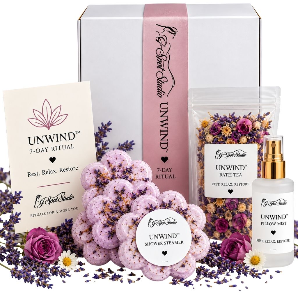 G Spot Studio UNWIND 7-Day Ritual box with ritual card, lavender shower steamers, bath tea and pillow mist